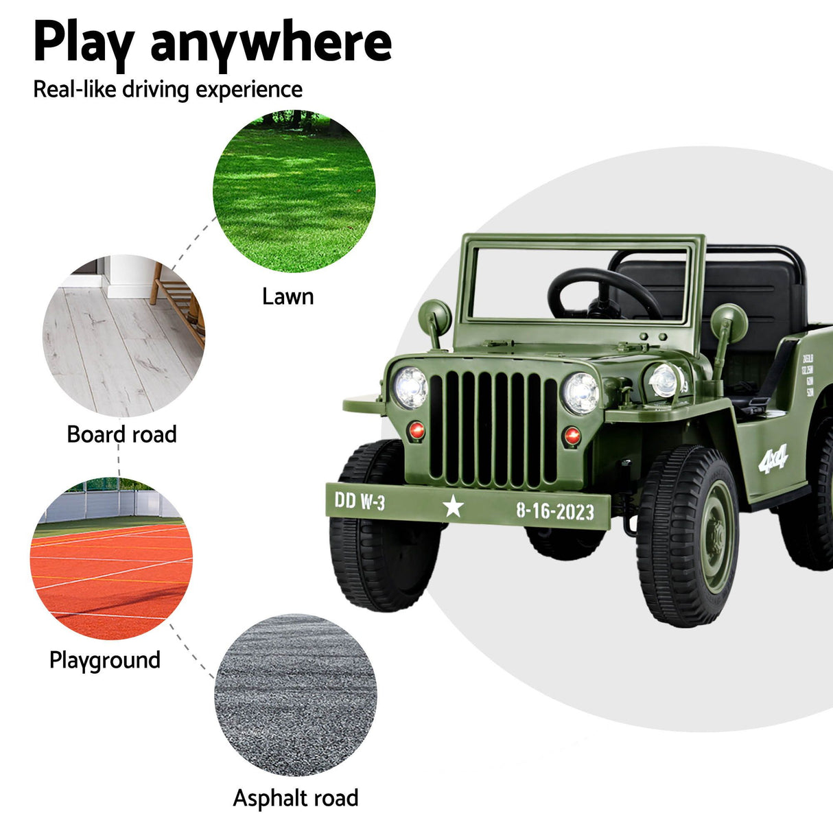 Rigo Kids Electric Ride On Car Jeep Military Off Road Toy Cars Remote 12V Olive