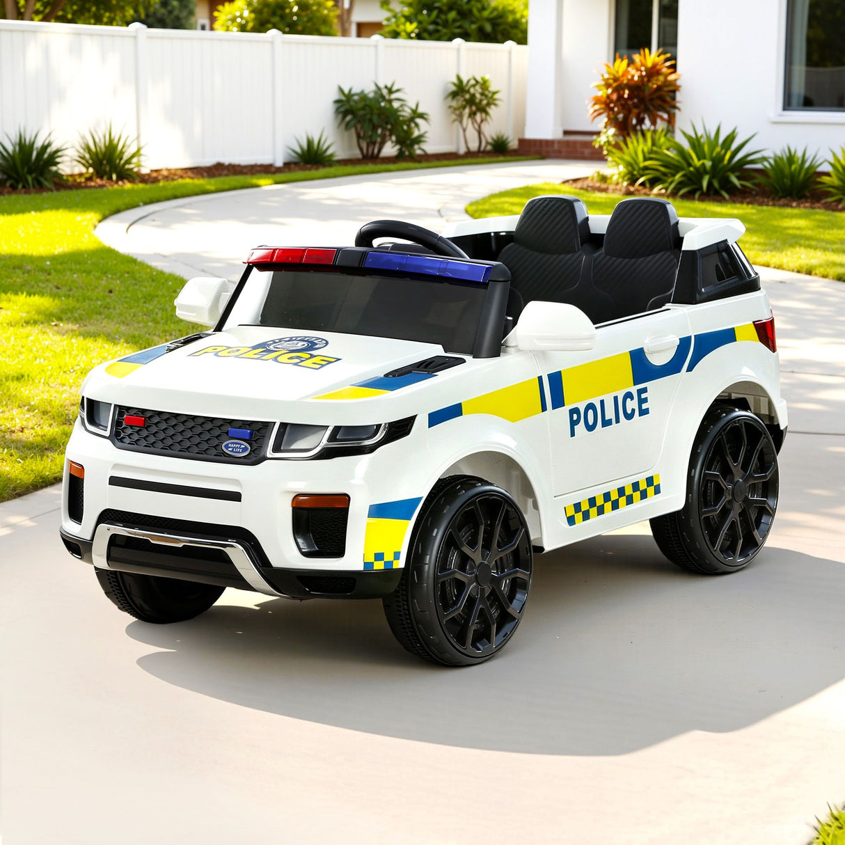 Rigo Kids Electric Ride On Patrol Police Car Horn Music Remote White