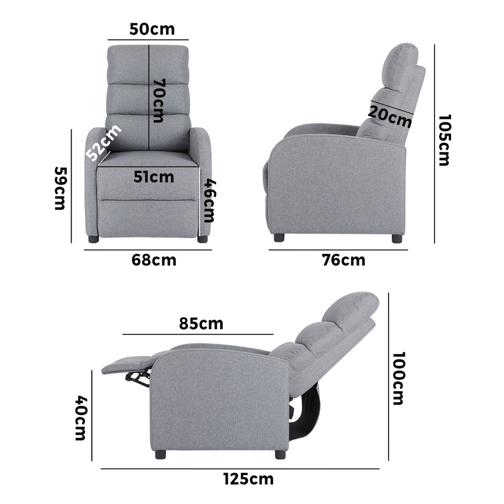 Oikiture Recliner Chair Armchair Adjustable Sofa Lounge Polyester Grey