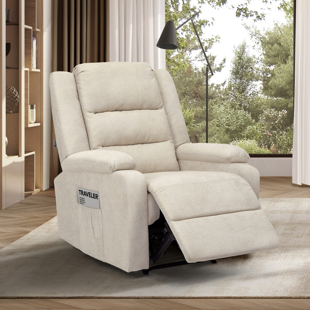 Oikiture Recliner Chair Padded Lounge With Side Pocket Polyester Beige