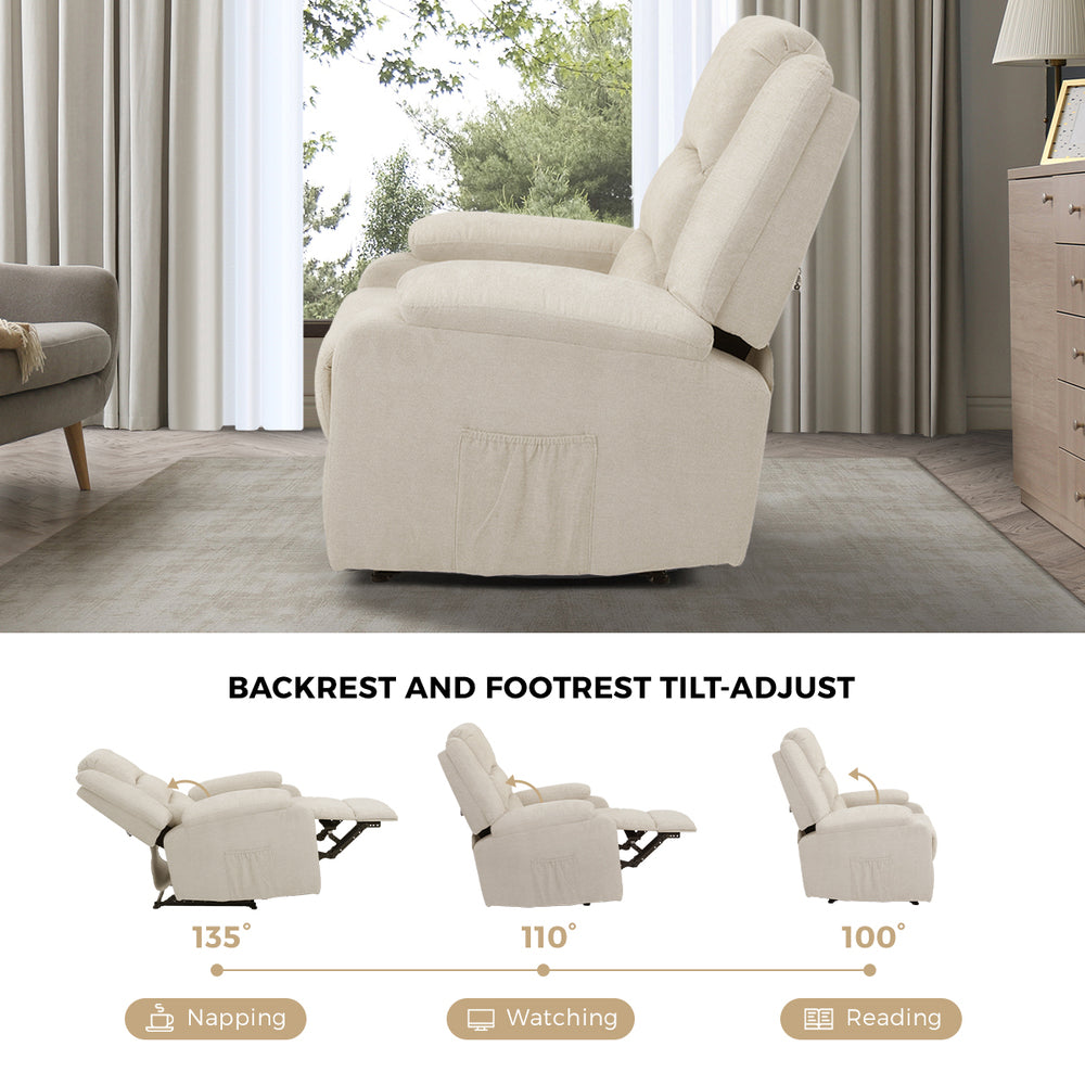 Oikiture Recliner Chair Padded Lounge With Side Pocket Polyester Beige