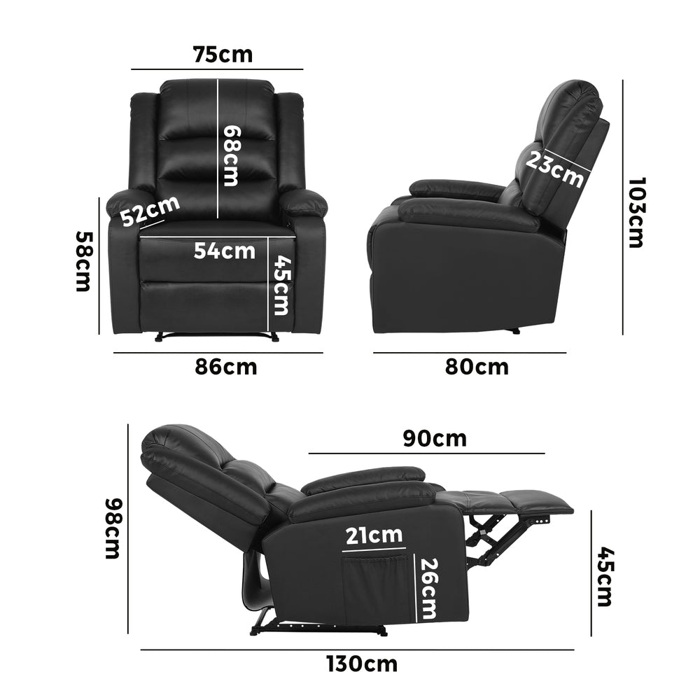 Oikiture Recliner Chair Armchair with Side Pocket Leather Black