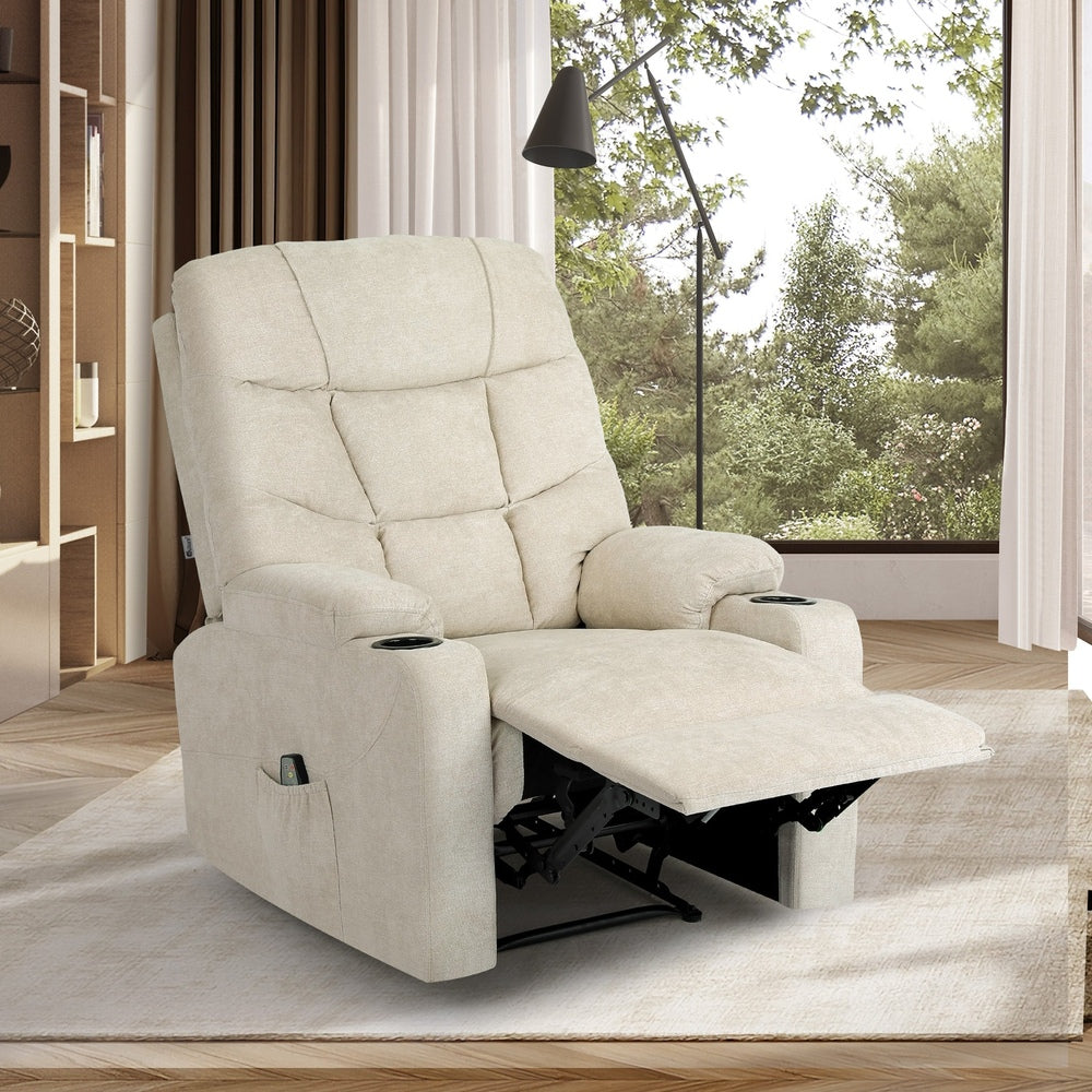 Oikiture Recliner Chair Electric Massage Chairs Heated Polyester Beige