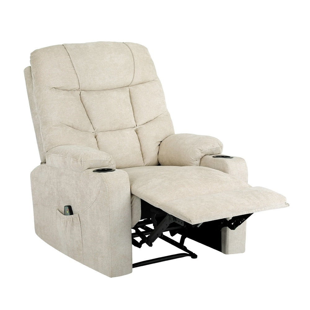 Oikiture Recliner Chair Electric Massage Chairs Heated Polyester Beige