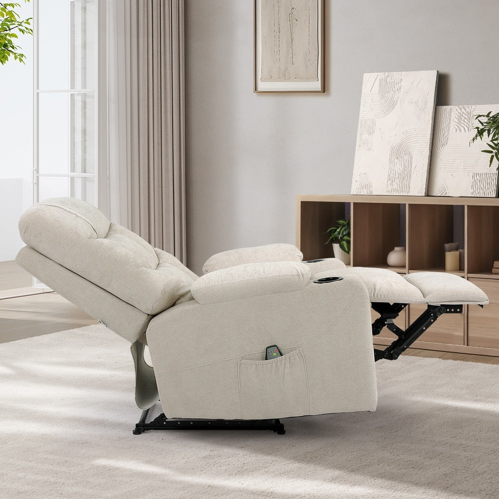 Oikiture Recliner Chair Electric Massage Chairs Heated Polyester Beige