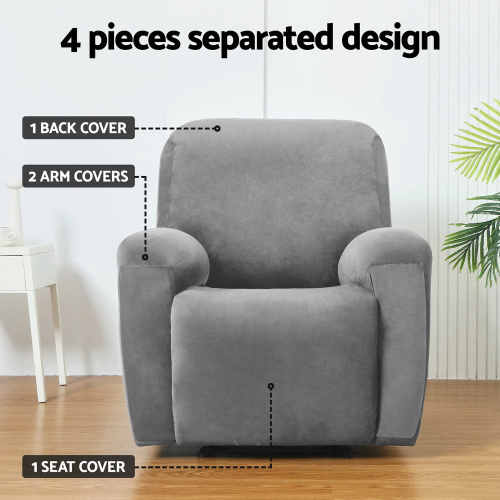 Plush Velvet Grey Recliner Chair Cover for 1 Seater by Artiss