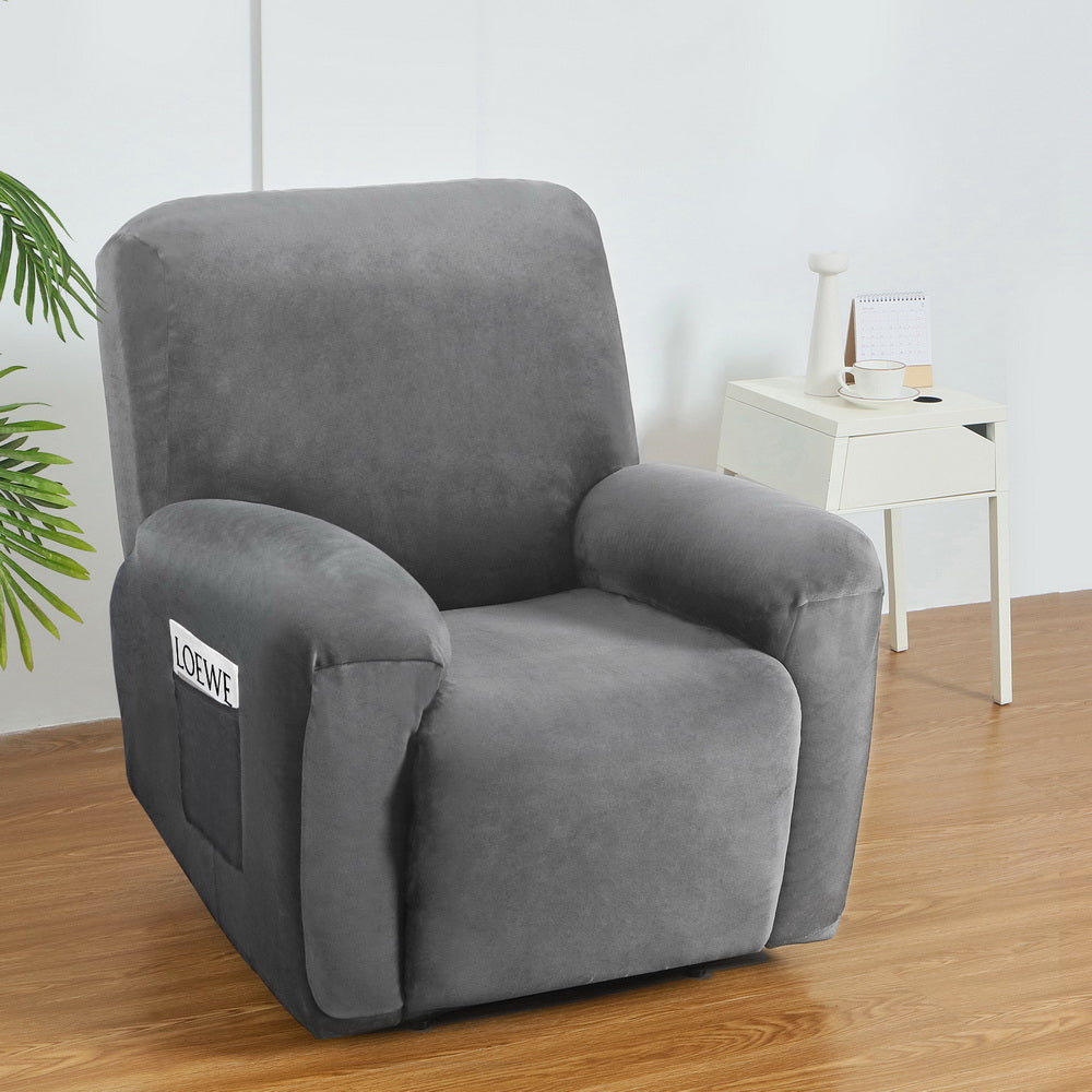 Plush Velvet Grey Recliner Chair Cover for 1 Seater by Artiss