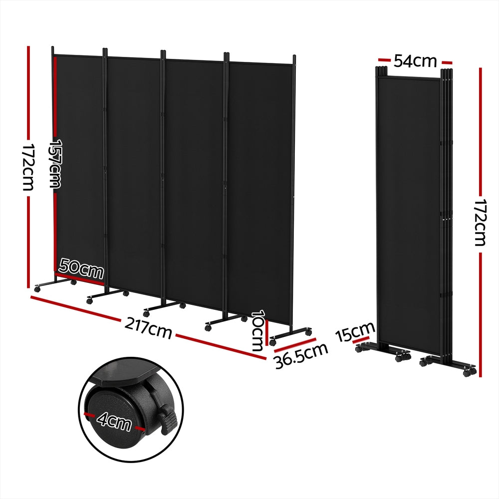 Artiss Black 4-Panel Folding Room Divider with Wheels - 217cm Height