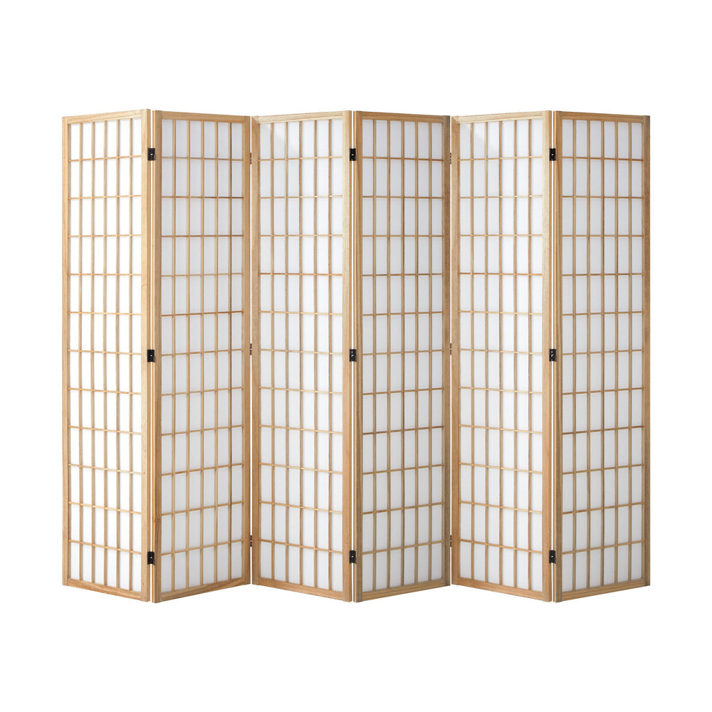 Oikiture 6 Panel Room Divider Timber Farbic Natural