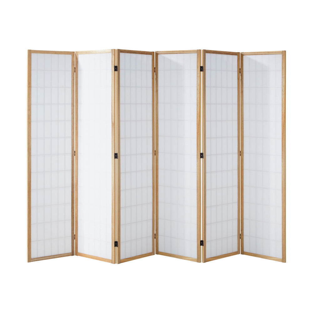 Oikiture 6 Panel Room Divider Timber Farbic Natural
