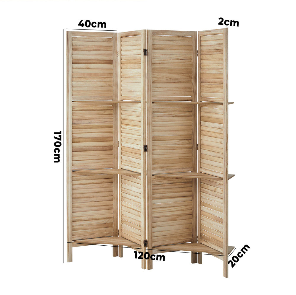 Oikiture 4 Panel Room Divider With Shelves Timber Wooden Natural