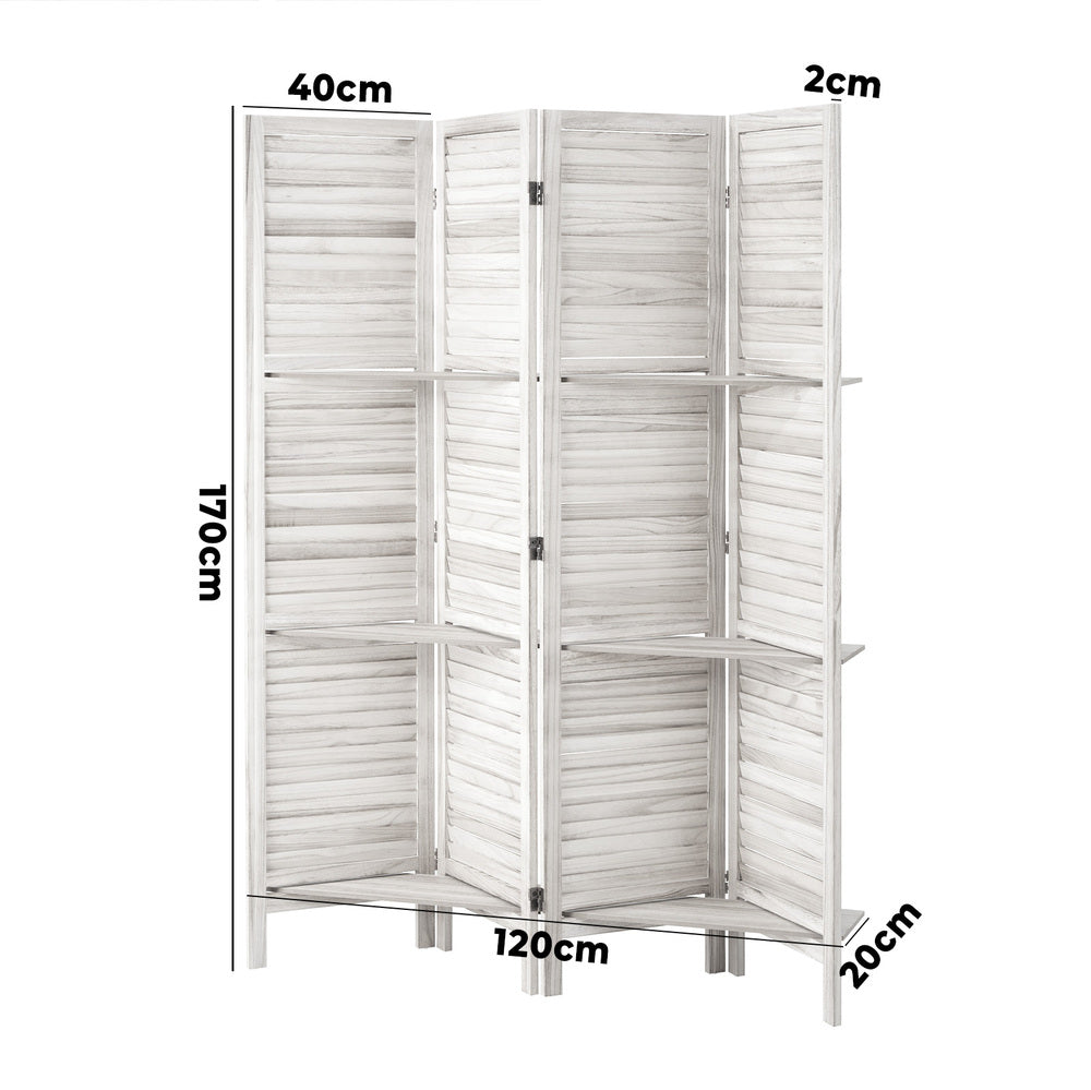 Oikiture 4 Panel Room Divider With Shelves Timber Wooden White
