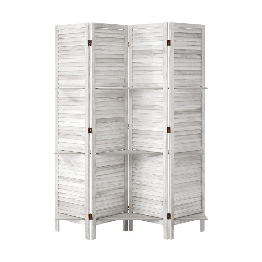 Oikiture 4 Panel Room Divider With Shelves Timber Wooden White