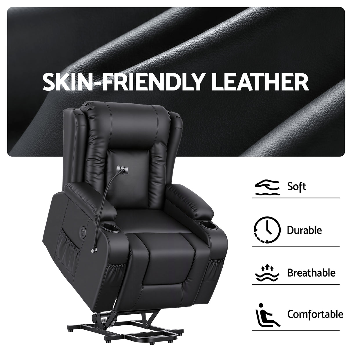 Artiss Power Lift Recliner Chair with Massage and Heat for Elderly, Electric Sofa Reclining Chair with USB and Phone Holder, PU Leather Comfy Armchair for Living Room, 2 Cup Holder & 4 Pockets, Black