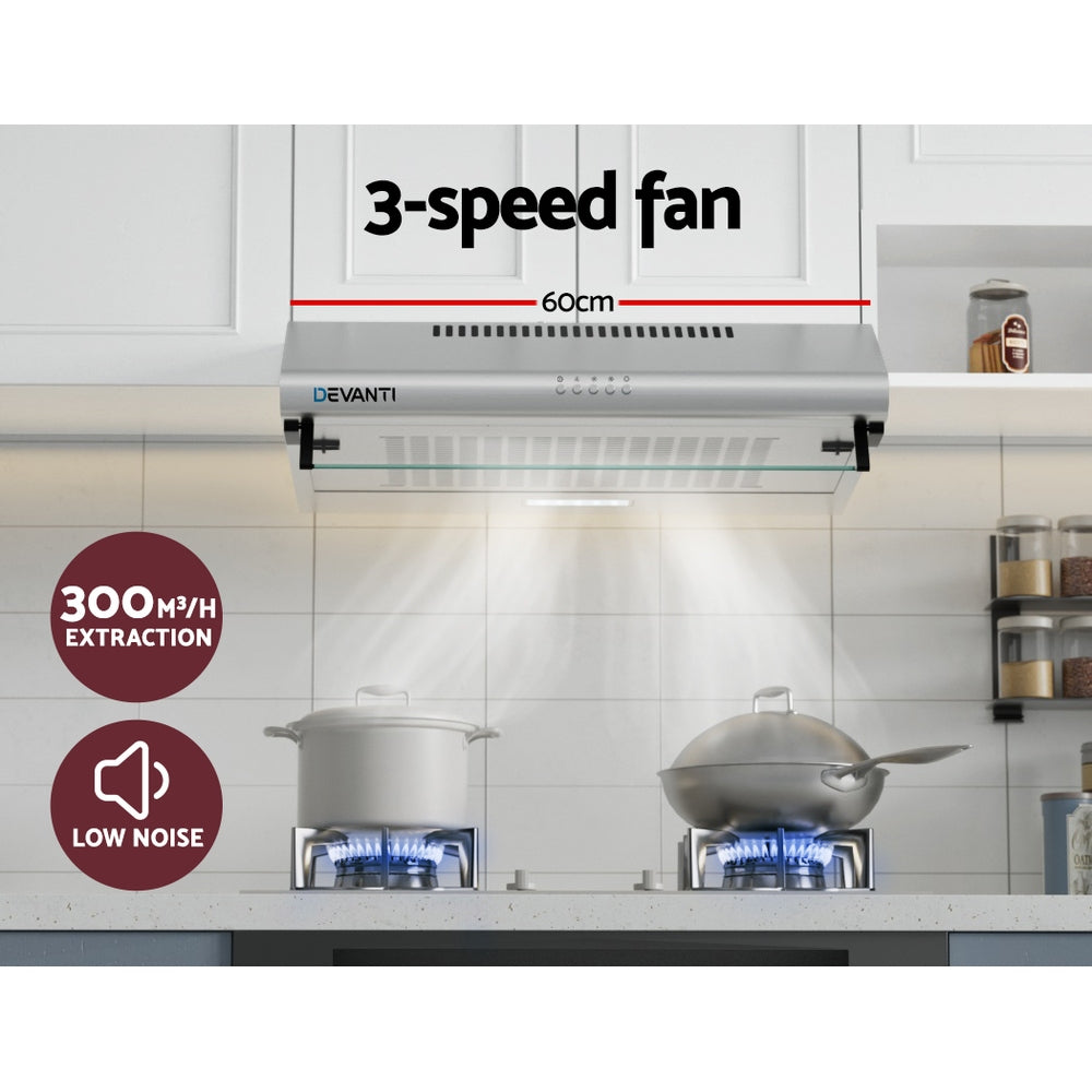Devanti 60cm Stainless Steel Kitchen Canopy Range Hood with LED Lighting and Powerful Extraction