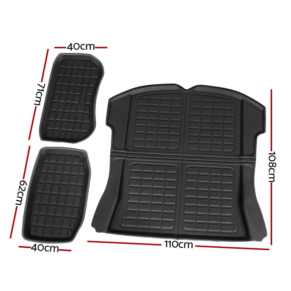 3-Piece Custom Fit Rubber Mat Set for Tesla Model 3 (2021-2022) - Front and Rear Trunk Protection
