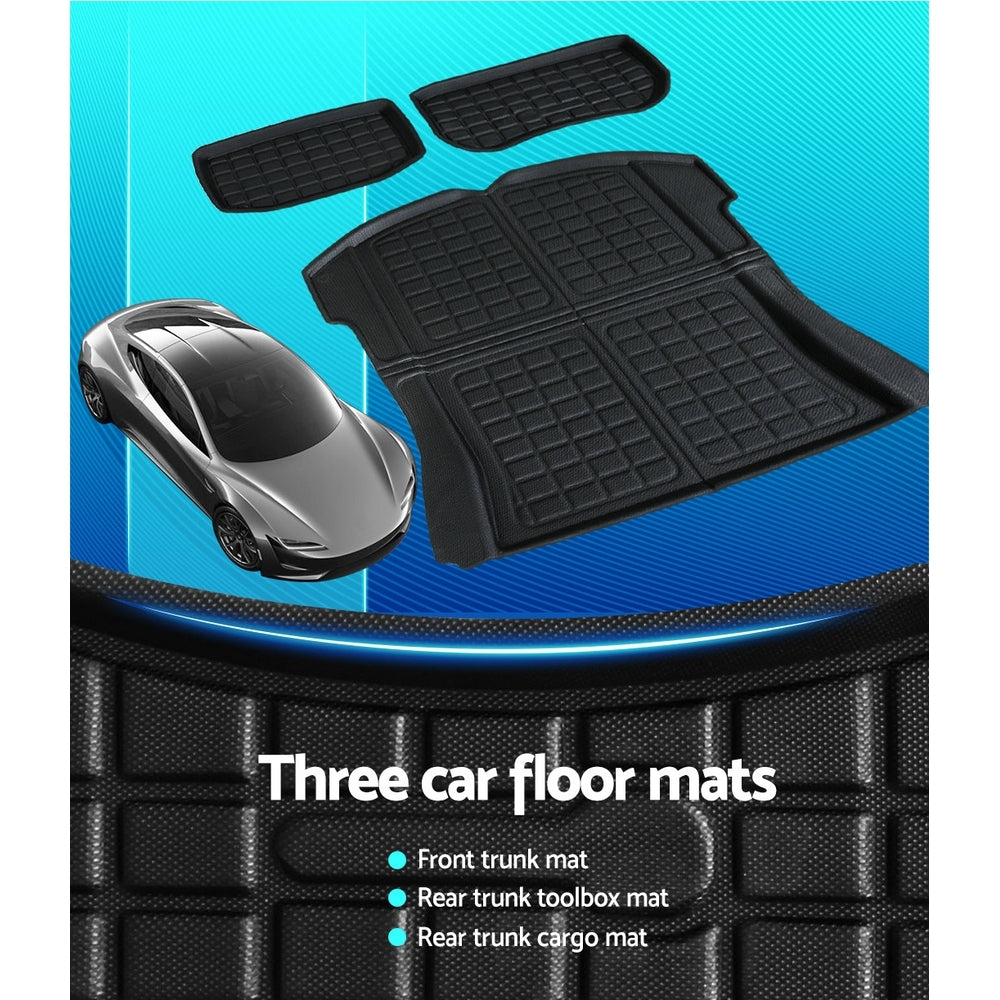 3-Piece Custom Fit Rubber Mat Set for Tesla Model 3 (2021-2022) - Front and Rear Trunk Protection