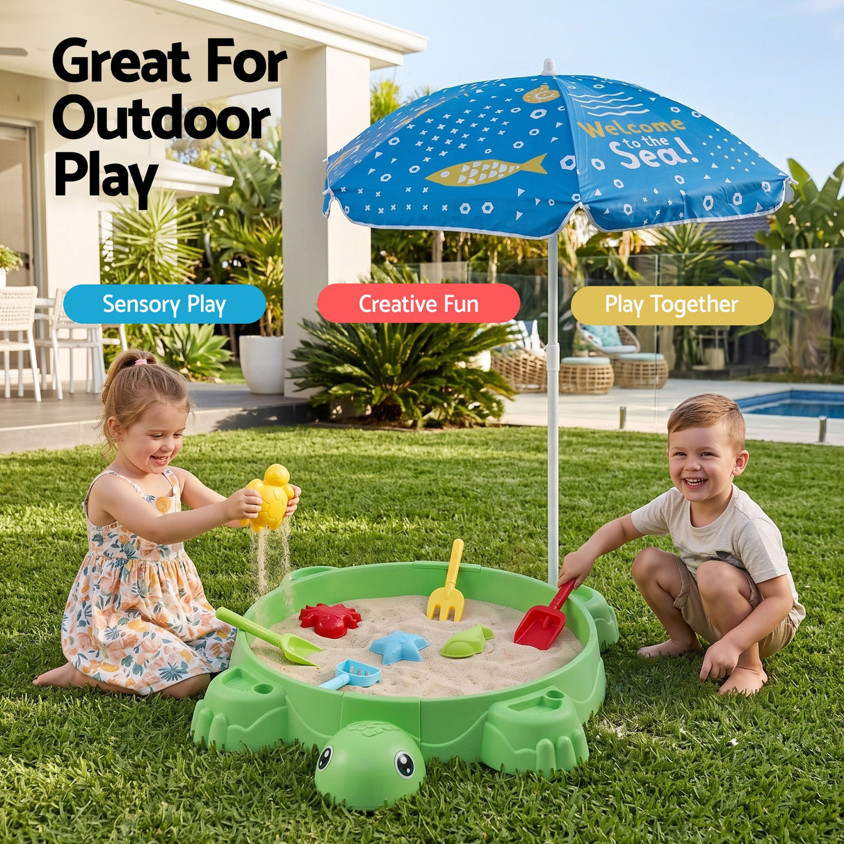 Keezi Kids Sandpit Turtle Sandbox Toys with Umbrella Lid Green 8 Accessories 3+