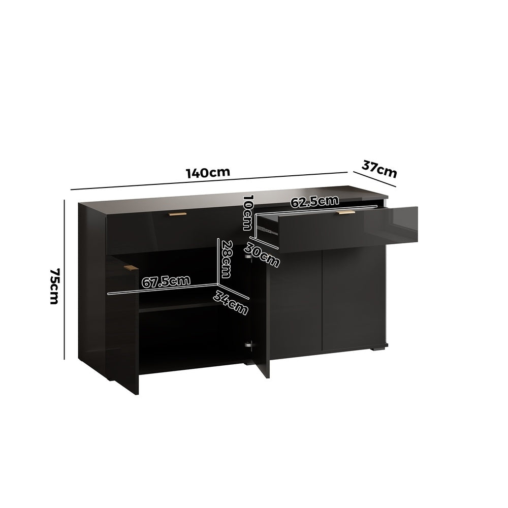 Oikiture Sideboard High Gloss 4 Doors 2 Drawers Black