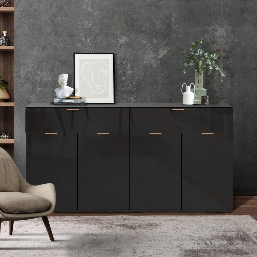 Oikiture Sideboard High Gloss 4 Doors 2 Drawers Black
