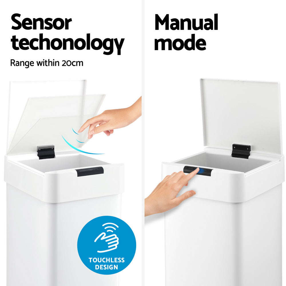 Devanti 50L Sensor Bin Motion Rubbish Bins Kitchen Automatic Trash Can White