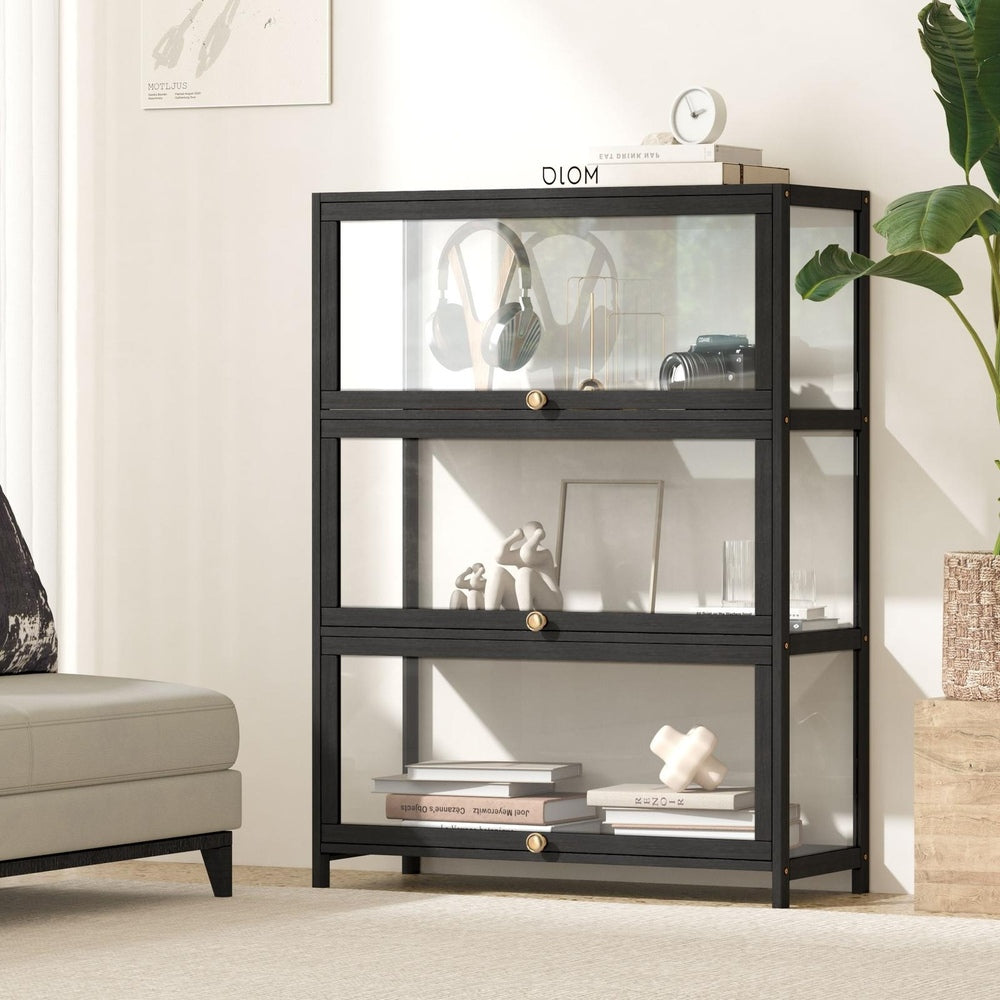 Oikiture Display Cabinet 3 Tiers Clear Door Black