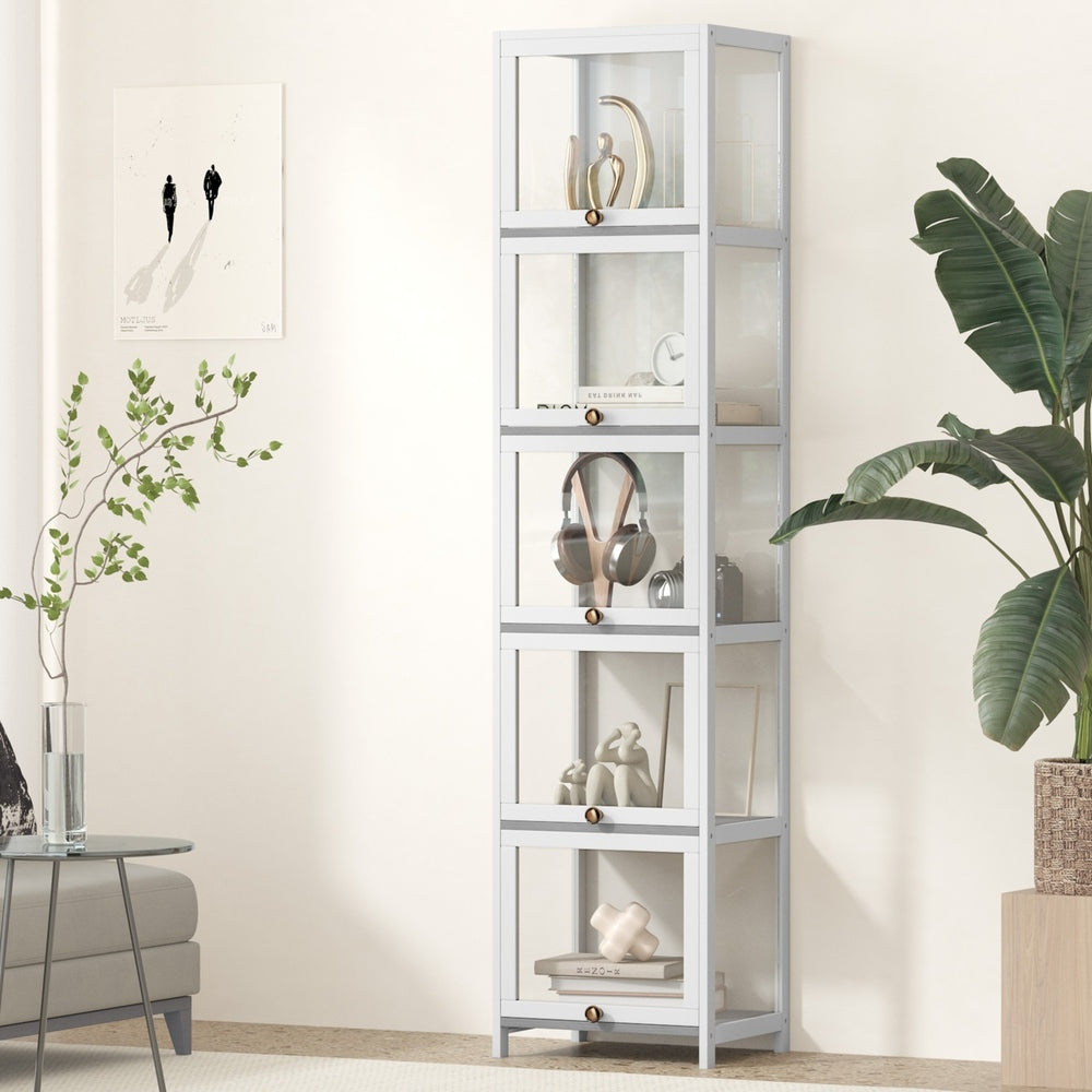 Oikiture Display Cabinet Slim 5-Tier Shelves Clear White
