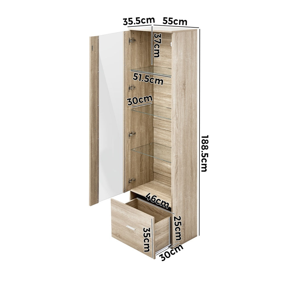 Oikiture Display Cabinet Buffet Sideboard LED Light High Gloss Door Natural