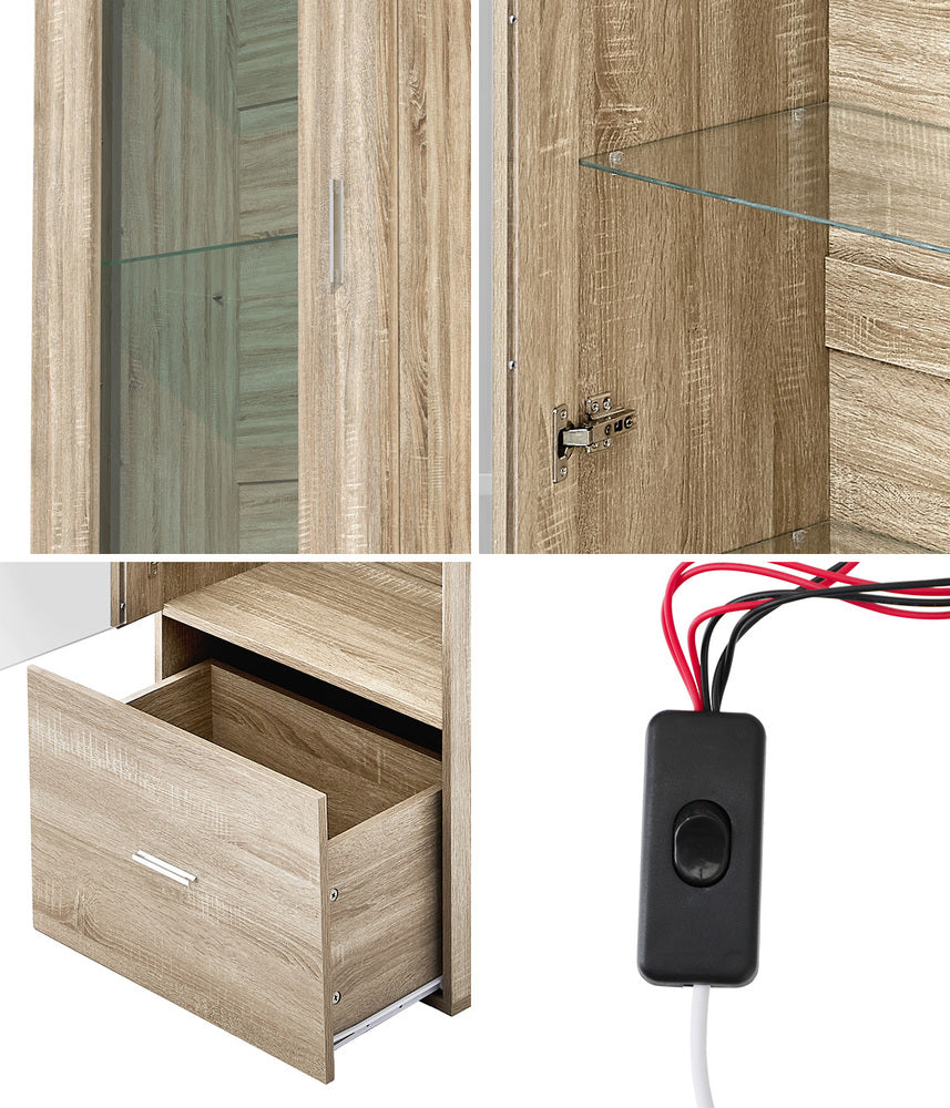 Oikiture Display Cabinet Buffet Sideboard LED Light High Gloss Door Natural