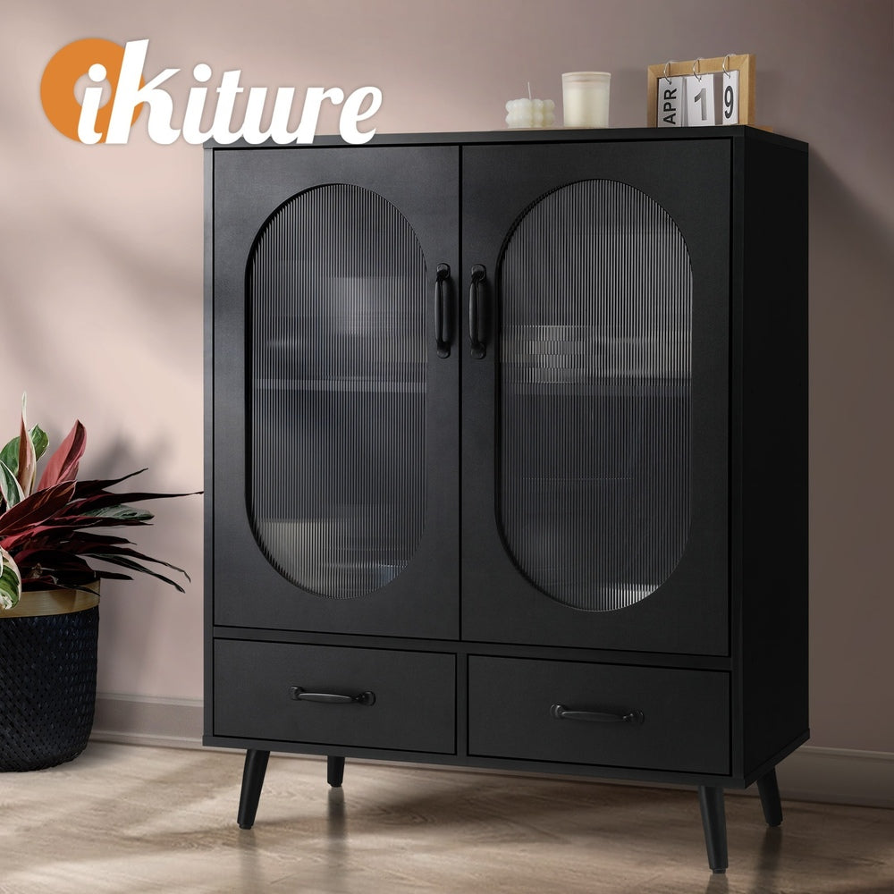 Oikiture Sideboard with Pull Up Drawers and Glass Doors