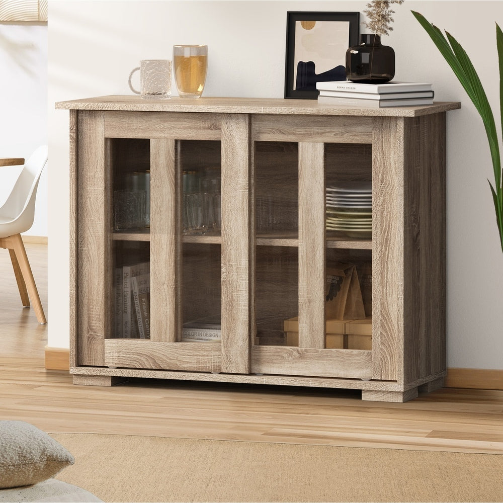 Oikiture Sideboard Buffet Glass Sliding Door Natural