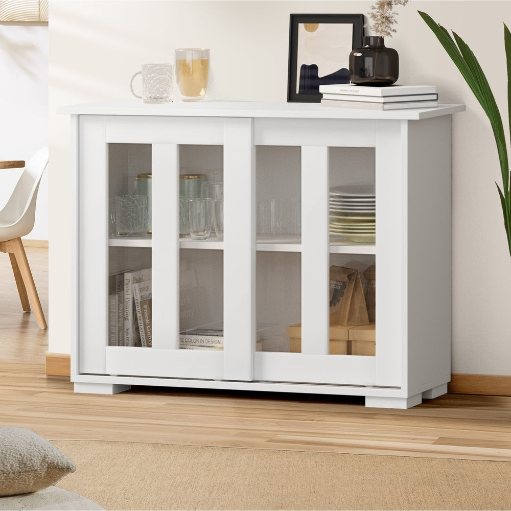 Oikiture Sideboard Buffet Glass Sliding Door White
