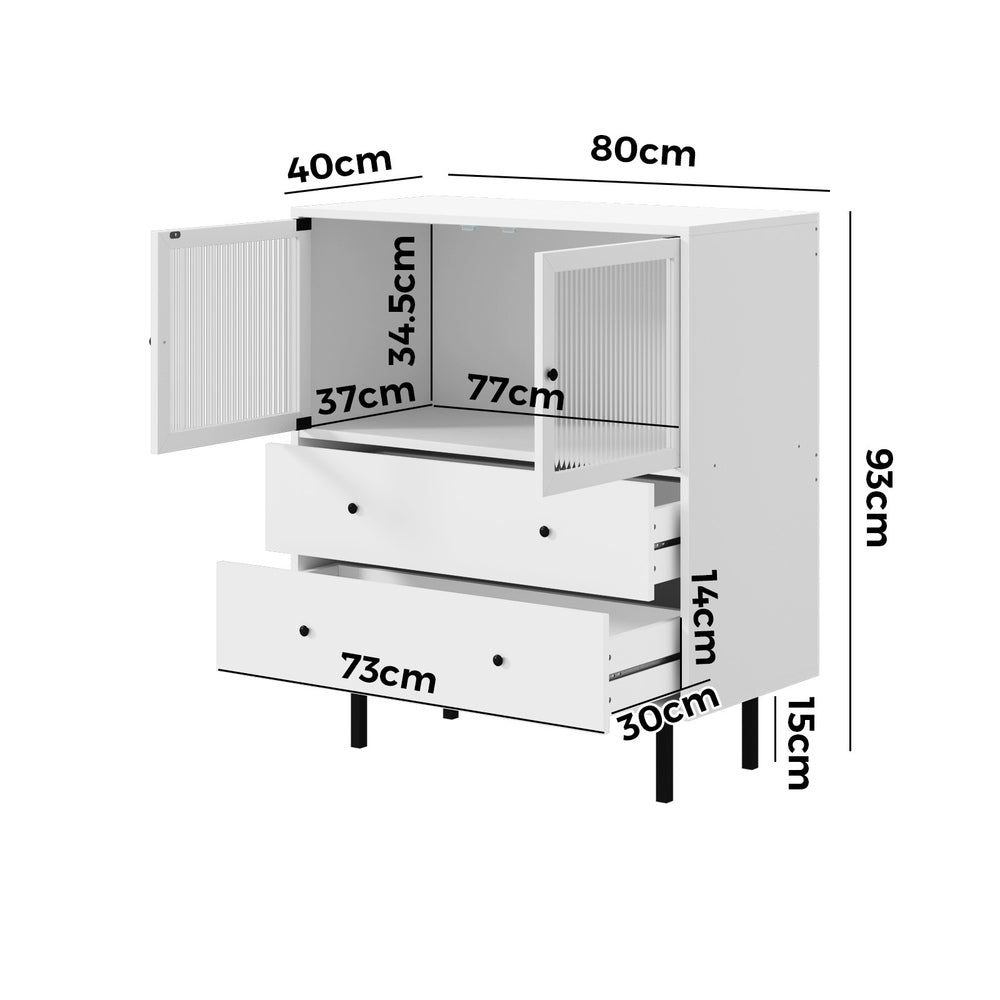 Oikiture Sideboard Buffet Tempered Glass Door 2 Drawers White