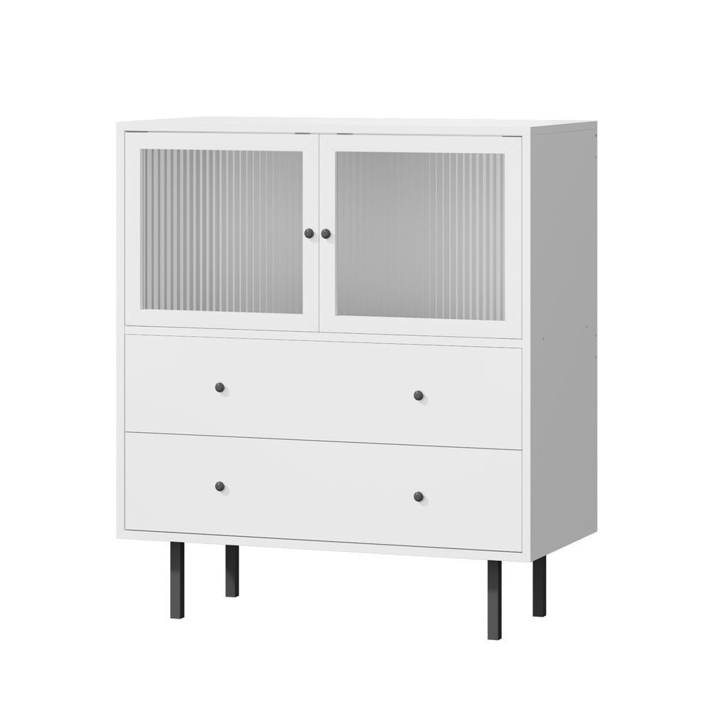 Oikiture Sideboard Tempered Glass Door 2 Drawers White