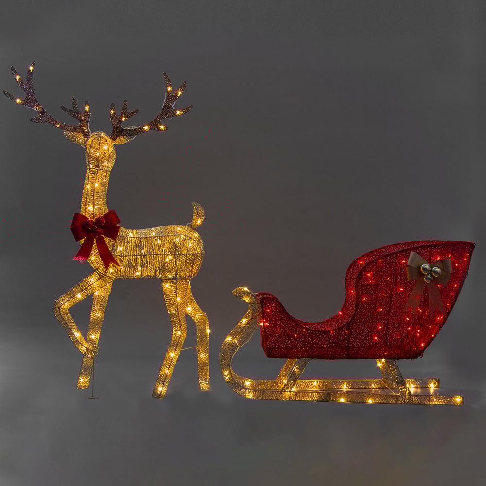 Christabelle Christmas Reindeer with Red Sleigh and Lights Indoor/Outdoor 205cm