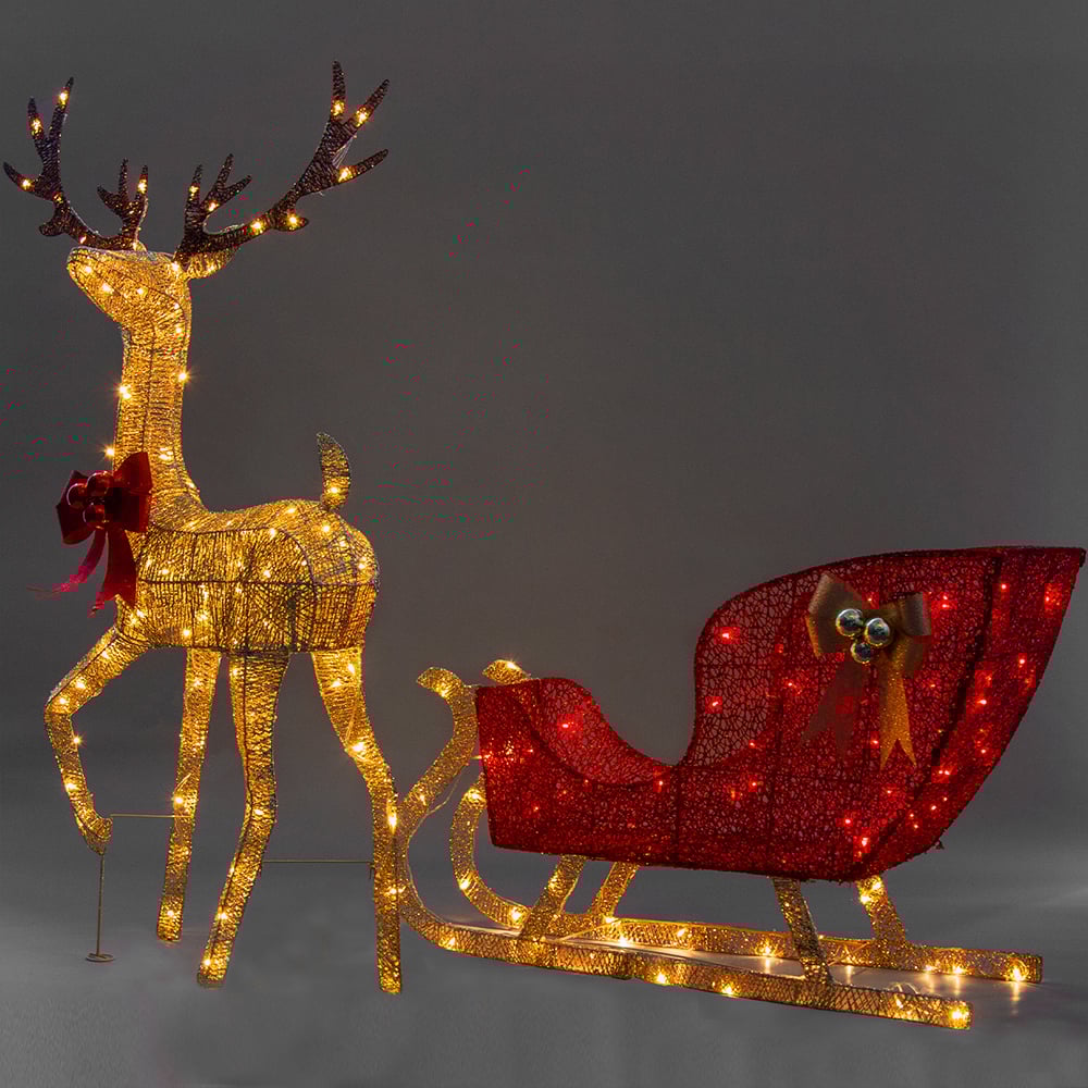 Christabelle Christmas Reindeer with Red Sleigh and Lights Indoor/Outdoor 205cm