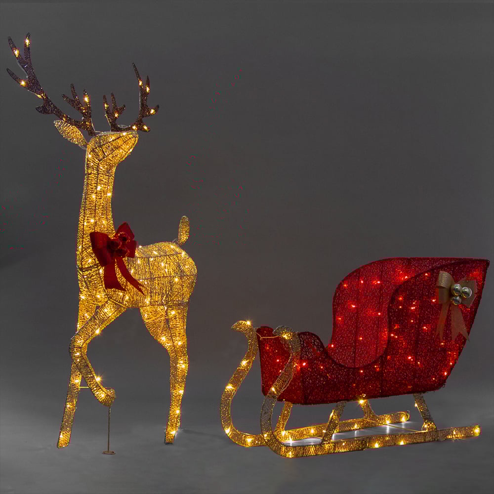 Christabelle Christmas Reindeer with Red Sleigh and Lights Indoor/Outdoor 205cm