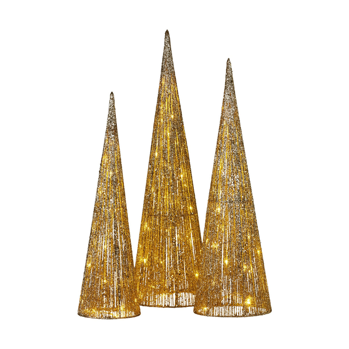 Christabell Pre-Lit Gold Cone Christmas Trees Set of 3 with Warm White LED Lights