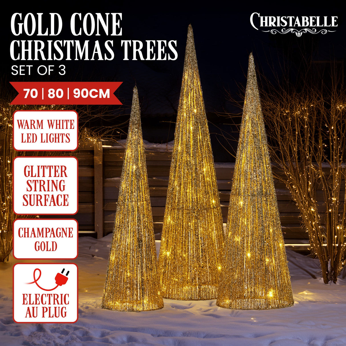 Christabell Pre-Lit Gold Cone Christmas Trees Set of 3 with Warm White LED Lights