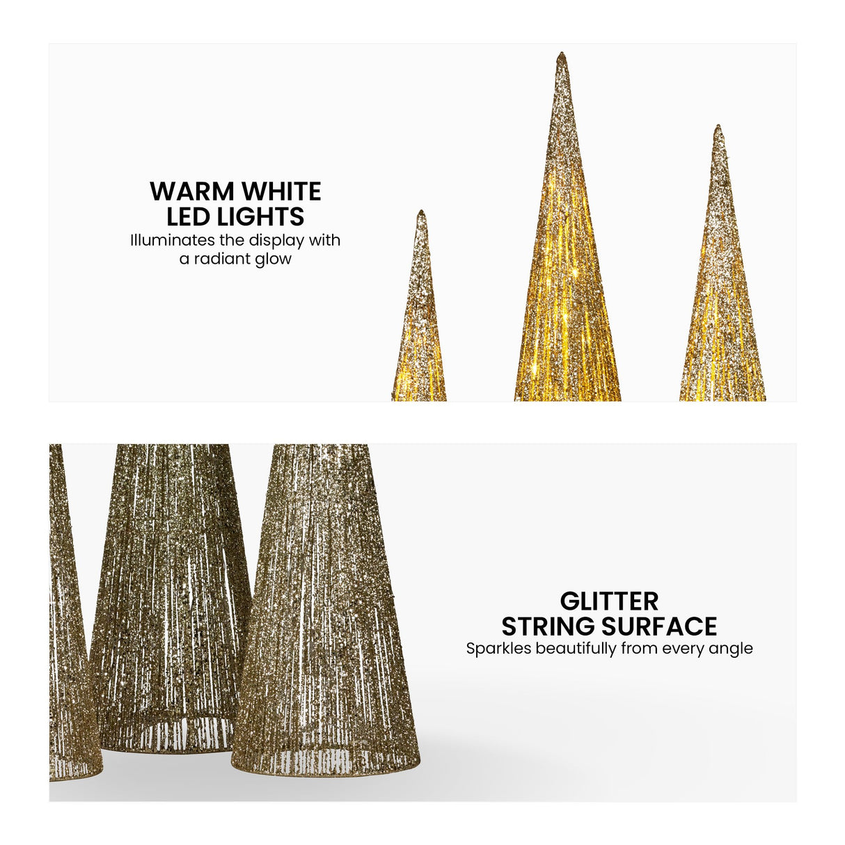 Christabell Pre-Lit Gold Cone Christmas Trees Set of 3 with Warm White LED Lights