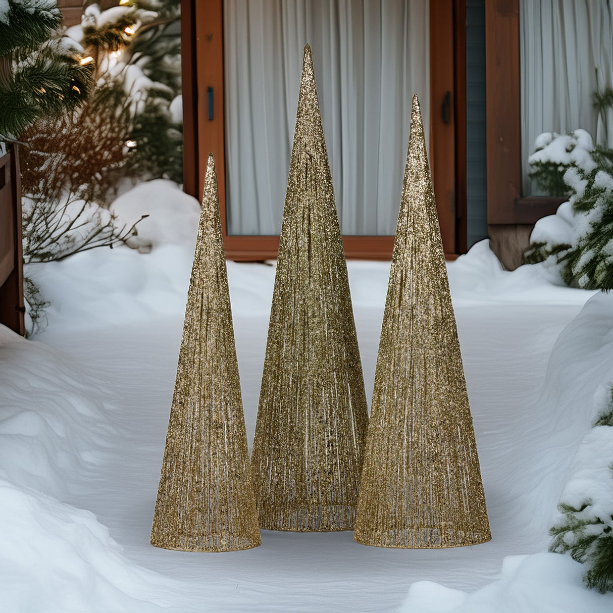 Christabell Pre-Lit Gold Cone Christmas Trees Set of 3 with Warm White LED Lights
