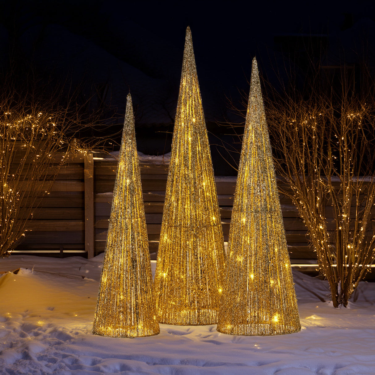 Christabell Pre-Lit Gold Cone Christmas Trees Set of 3 with Warm White LED Lights