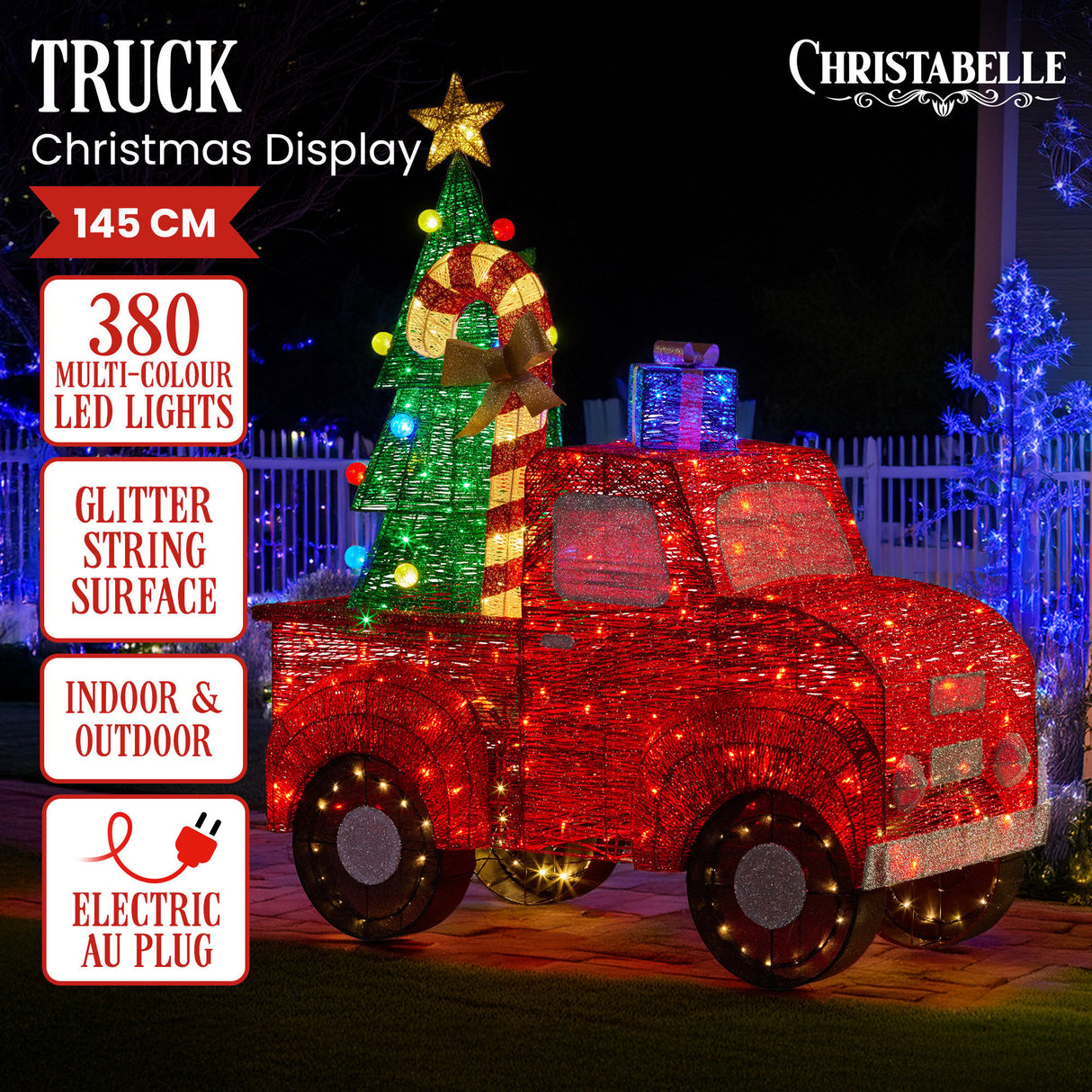 Christabelle 145cm Sparkling Christmas Tree Truck Display Glitter String LED Lights Red