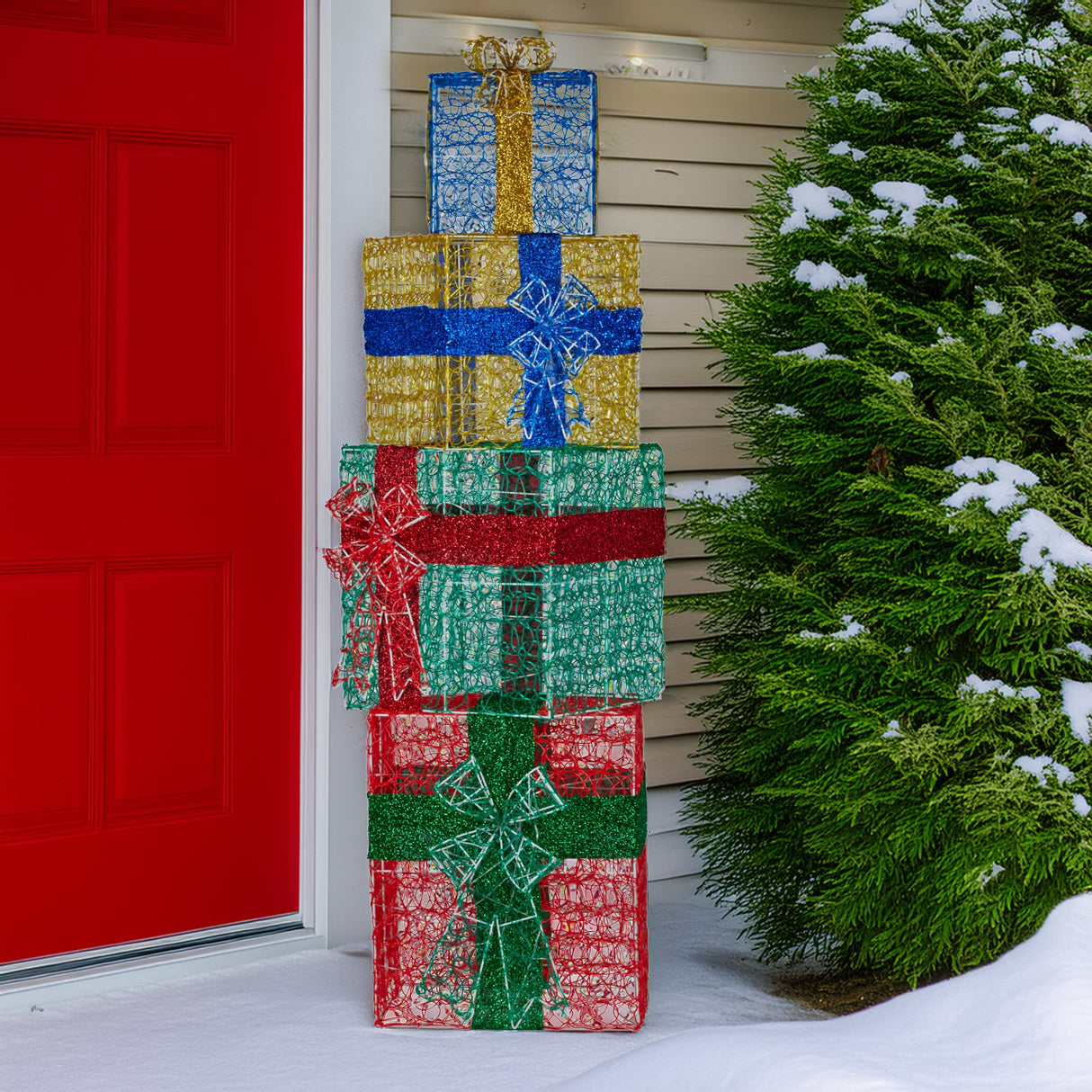 Christabelle 190cm 4-Piece Gift Stack Box Christmas Decoration Bows LED Lights Xmas Display