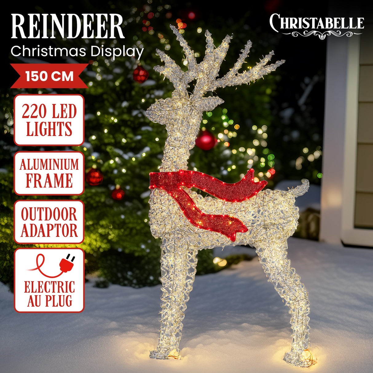 Christabelle 150cm Christmas Reindeer Display LED Lights Red Bow Aluminium Frame Xmas Decor