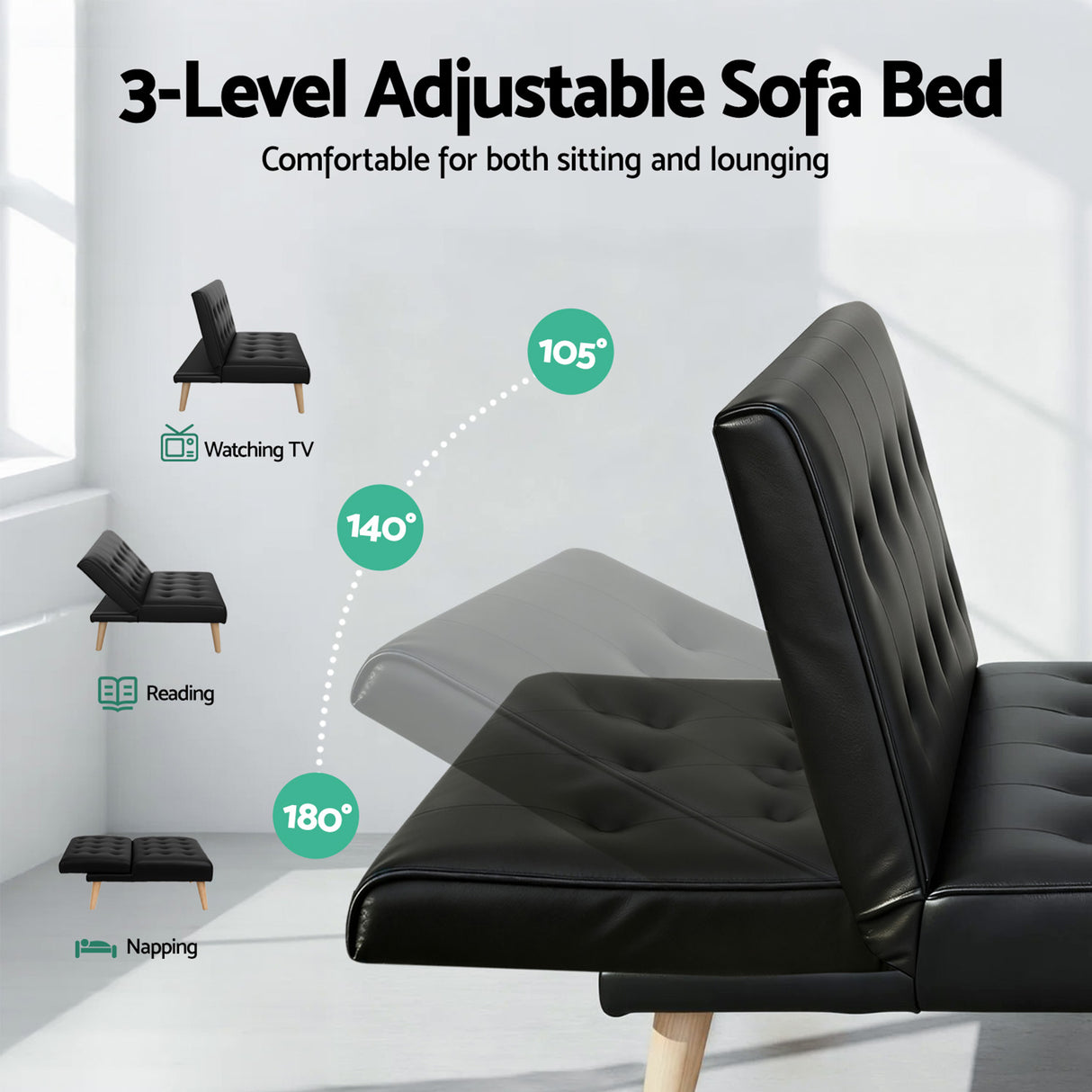 Artiss Sofa Bed Couch 2 Seater Lounge Fabric Black