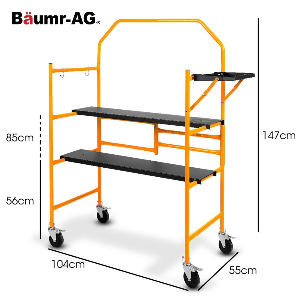 BAUMR-AG Mobile Scaffold Platform, 226kg Load, Steel Frame, Dual Height, Folding for easy Transport and Storage, Locking Castors, Tool Tray