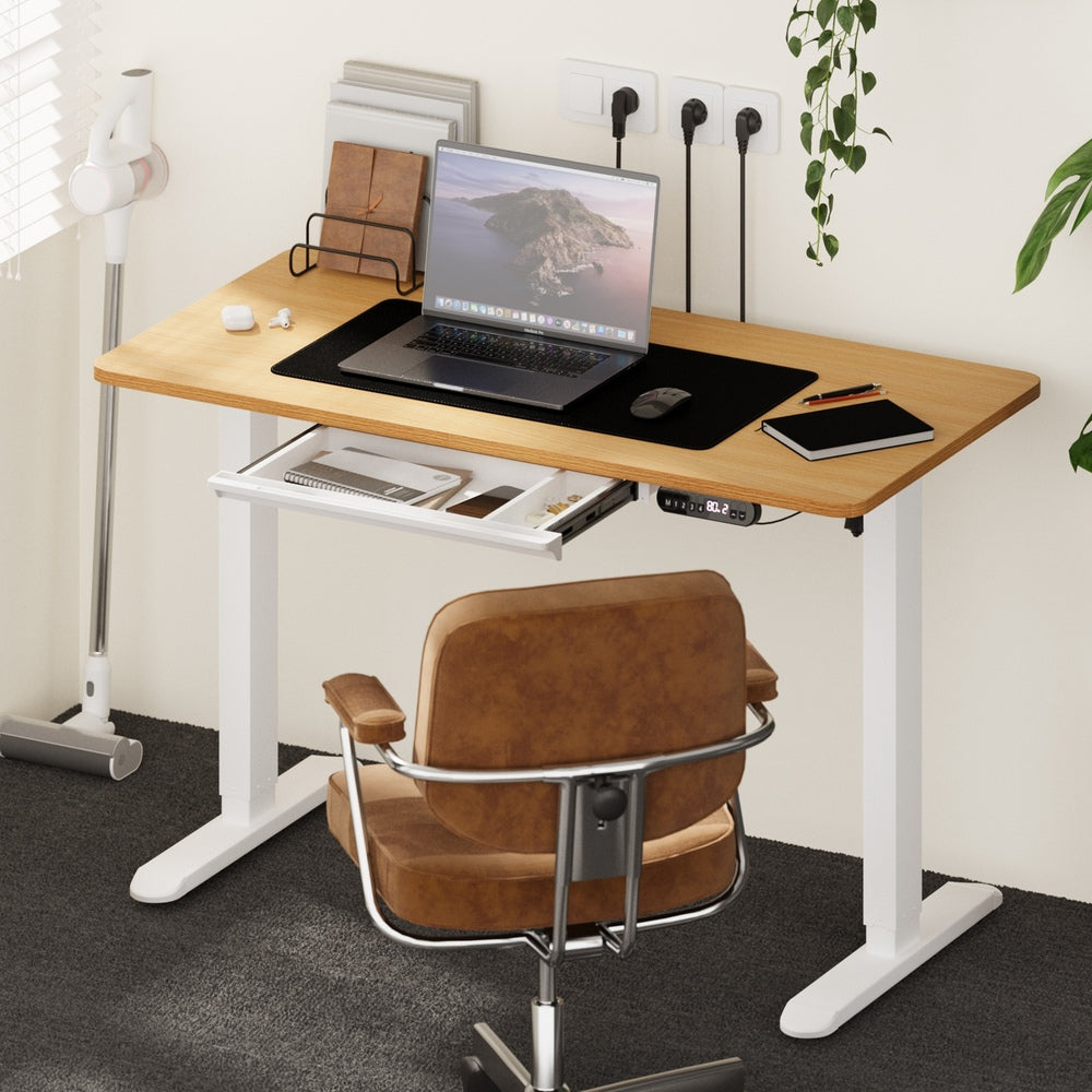 Oikiture 120CM Electric Standing Desk with Drawer Height Adjustable White & Oak