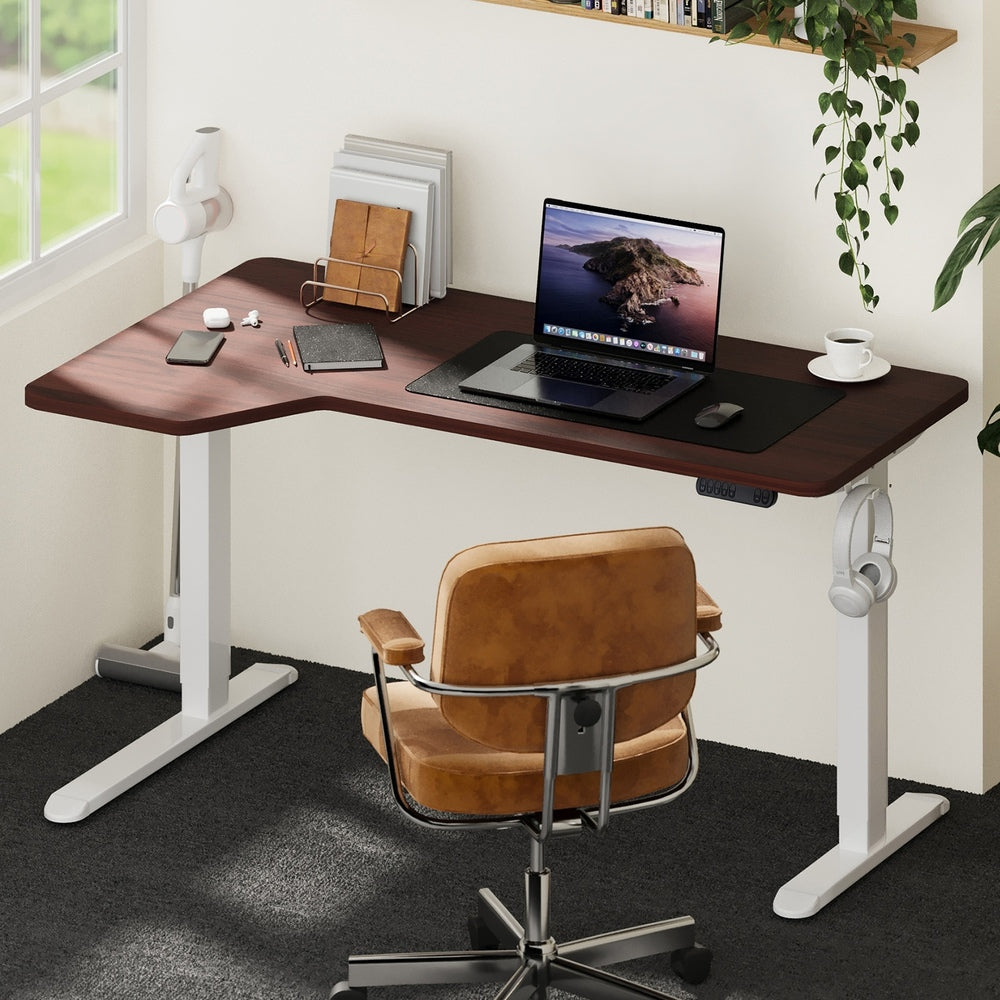 Oikiture L-shape Electric Standing Desk Single Motor 145CM White&Walnut