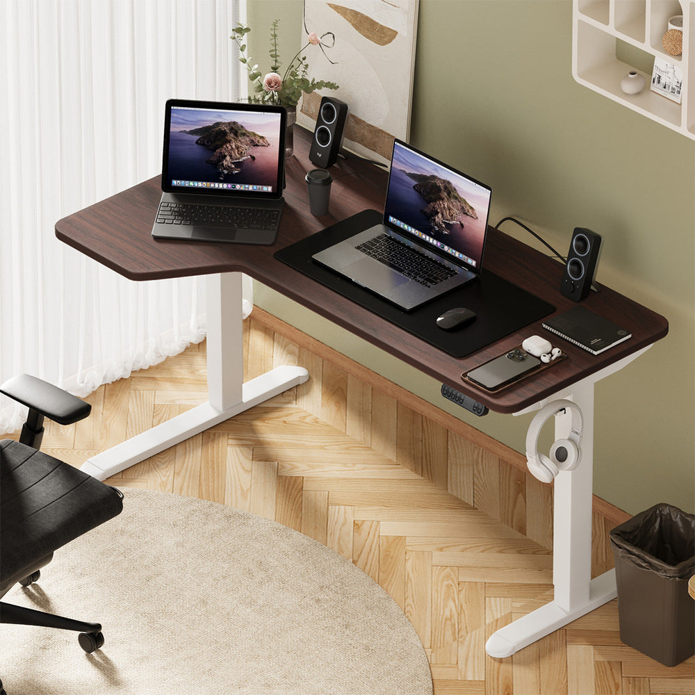 Oikiture L-shape Electric Standing Desk Single Motor 145CM White&Walnut
